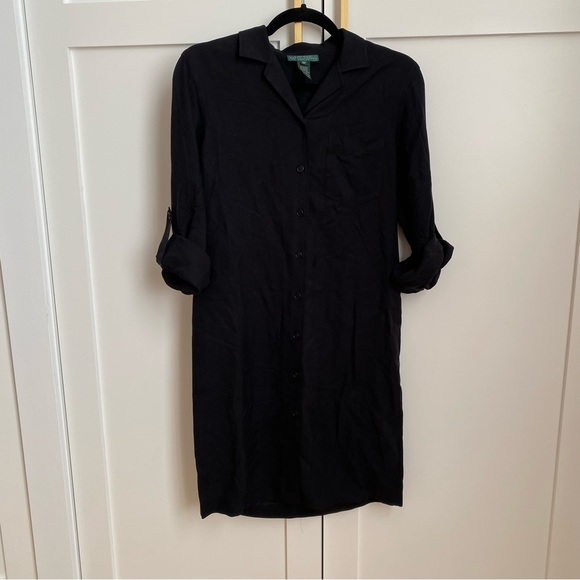 Vintage Lauren Ralph Lauren - Black Mid-Length Silk Shirt Dress - Picture 2 of 4